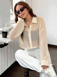 SHEIN EZwear 針織透視亮片網眼女款短版上衣外套 透視襯衫 透視上衣 網眼上衣 - 杏色 - 查看 4
