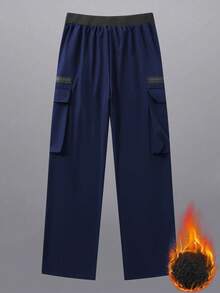 Manfinity Hypemode Pantalones cargo casuales de unicolor con forro térmico para hombres - Azul Marino - Ver 2