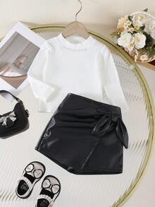 SHEIN Baby Girl Versatile Street Style Cute Black PU Leather Shorts - Black - View 6