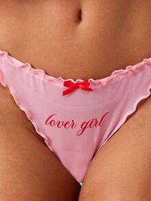 MISSGUIDED 网纱丁字裤，饰有“情人女孩”刺绣字样和红色蝴蝶结荷叶边细节