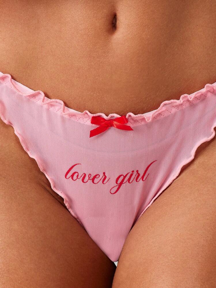 MISSGUIDED Mesh Thong With Lover Girl Embroidered Text And Red Bow Ruffle Detail