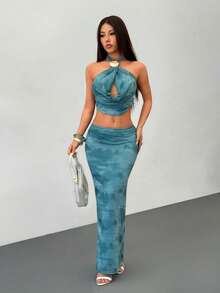SHEIN PETITE 女士露背镂空宽松装饰纽扣两件套，夏季时尚 - 水鴨藍 - 查看 6