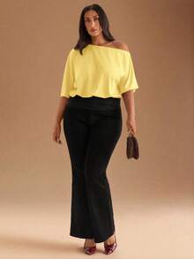 SHEIN BAE Black Casual Slash Shoulder Asymmetrical T-Shirt, Versatile For Daily Wear, Dating, Afternoon Tea, Hanging Out With Friends, All-Matching Occasions - Yellow - View 5