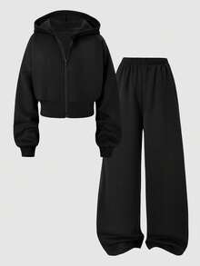 Sparklyn Bộ 2 món dành cho nữ tuổi teen, gồm áo khoác cardigan có mũ trùm đầu màu xám họa tiết hoa, khóa kéo, dáng rộng và eo bo thun, kết hợp với quần nỉ rộng rãi thoải mái cùng màu, tạo nên phong cách thể thao thường ngày, sinh viên, phù hợp cho các hoạt động ngoài trời, trong nhà, thể thao, tiệc tùng, đi học, mùa xuân/thu/đông. - màu đen - Xem 3