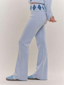 MUSERA 翻折腰带菱格纹针织修身喇叭裤，舒适休闲日常连帽衫，秋冬春季皆宜。 - 淺藍色 - 查看 3