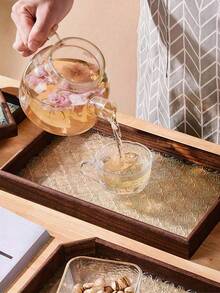 1pc Begonia Flower Vintage Embossed Wooden Glass Walnut Color Snack Storage Box Desktop Storage Dinner Plate Rectangular Polygonal Enamel Tea Tray Dried Fruit And Dessert Household Tray - Walnut - View 3