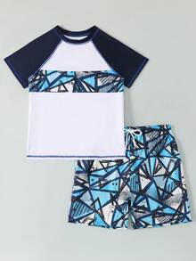 Ensemble de maillot de bain pour garçons préadolescents - Top anti-UV à manches courtes assorti à un short de plage, maillot de bain sport décontracté pour garçons, adapté pour l'été