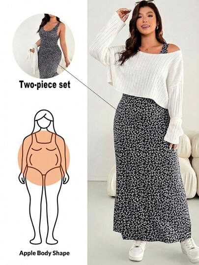 Shapeblank Plus Size Women's Autumn And Winter Fashion Casual High Elastic Comfortable Daily Black And White Floral Vest Long Dress And Black Top Two Pieces Set,Fall Outfits,Simple Style Two Piece Set Women Comfy