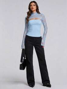 SHEIN BAE Women's Elegant Solid Color Lace Patchwork Hollow Out Blouse - Baby Blue - View 5