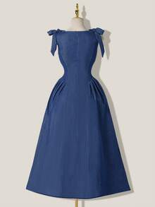 SHEIN MOD فستان جينز أكمام بلا أكمام مزين بفيونكة وخصر ضيق للنساء في الصيف - أزرق داكن - مشاهدة 2