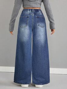 SHEIN 少女基础款浅色水洗牛仔保暖内衬宽松长裤，秋冬保暖休闲高腰阔腿牛仔裤，百搭Y2K风格，适合教师、返校、教堂等场合，商务休闲女孩，工装牛仔裤连衣裙，秋冬宽松裤，高腰长款阔腿牛仔裤，街头风，冬季牛仔裤 - 深色水洗藍 - 查看 2