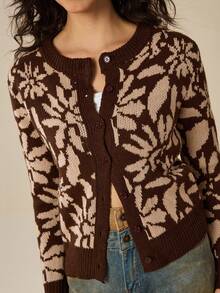 Felipe Marques Women's Floral Print Cardigan Sweater, Long Sleeve Open Front Casual Jacket For Autumn/Winter, Suitable For Vacation, Party, Evening Event - Brown - View 5