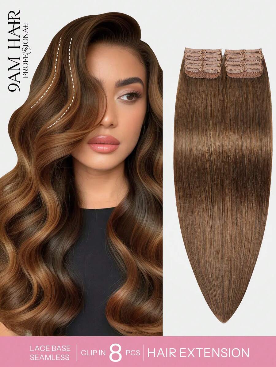 8 件装 16 个夹子直发接发 100% 真人发色 4# 浅棕色 12-18 英寸双纬隐形接发雷米天然真人发适合女性女孩日常全头使用 - S4 - 查看 1