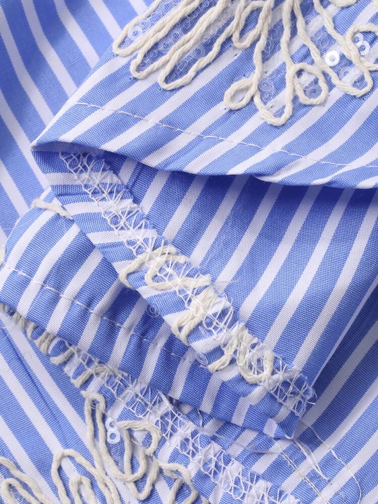 Women's Striped Collar Single-Breasted Floral Embroidery Pattern Casual Versatile Commuting Business Long Sleeve Shirt