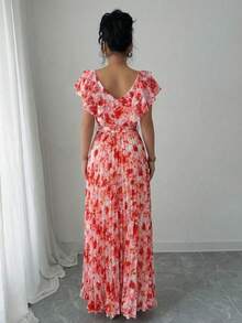 Elenzga V领数码印花度假风荷叶边腰身A字优雅浪漫女装 - 彩色 - 查看 2