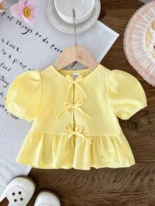 LMoss Kids Bebé niña casual de unicolor cuello redondo manga corta pullover - Amarillo - Ver 6