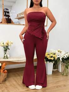 SHEIN EZwear Set de top corto y jeans acampanados talla grande en color vino tinto, para primavera/verano - Burdeos - View 5