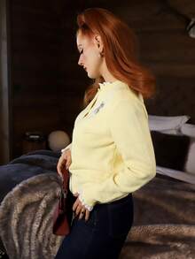 Gretanique Women's Casual Loose Scoop Neck Ruffle Butterfly Accent Yellow Cardigan Sweater Fall Winter Cloth For Women - Yellow - View 4