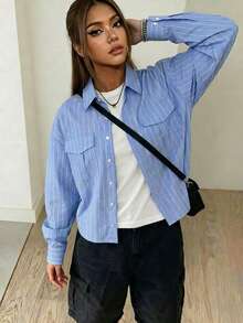 Manfinity VCAY Áo sơ mi nam dài tay kẻ sọc, kiểu dáng thường ngày, có túi, thích hợp cho mùa thu. - Màu xanh lam - Xem 3