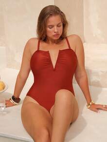 Swim Chiccia Plus Size Women Solid Color One-Piece Swimsuit - Coffee Brown - View 4