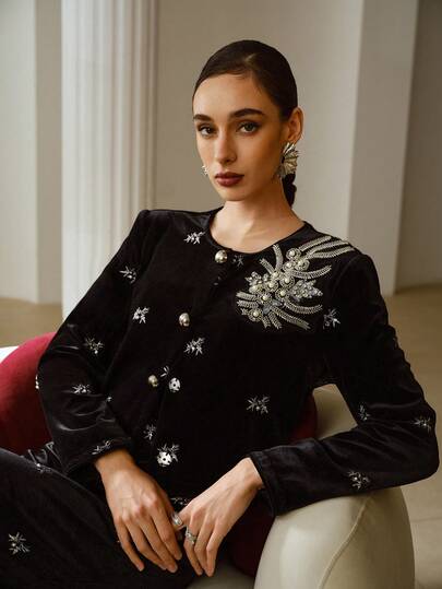 ZEYLAH Women's Long Sleeve Single-Breasted Sequin Short Jacket