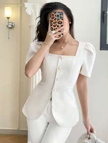 Modelyn New Stylish Square Collar Cinched Waist A-Line Peplum Elegant Blouse - Apricot - View 3