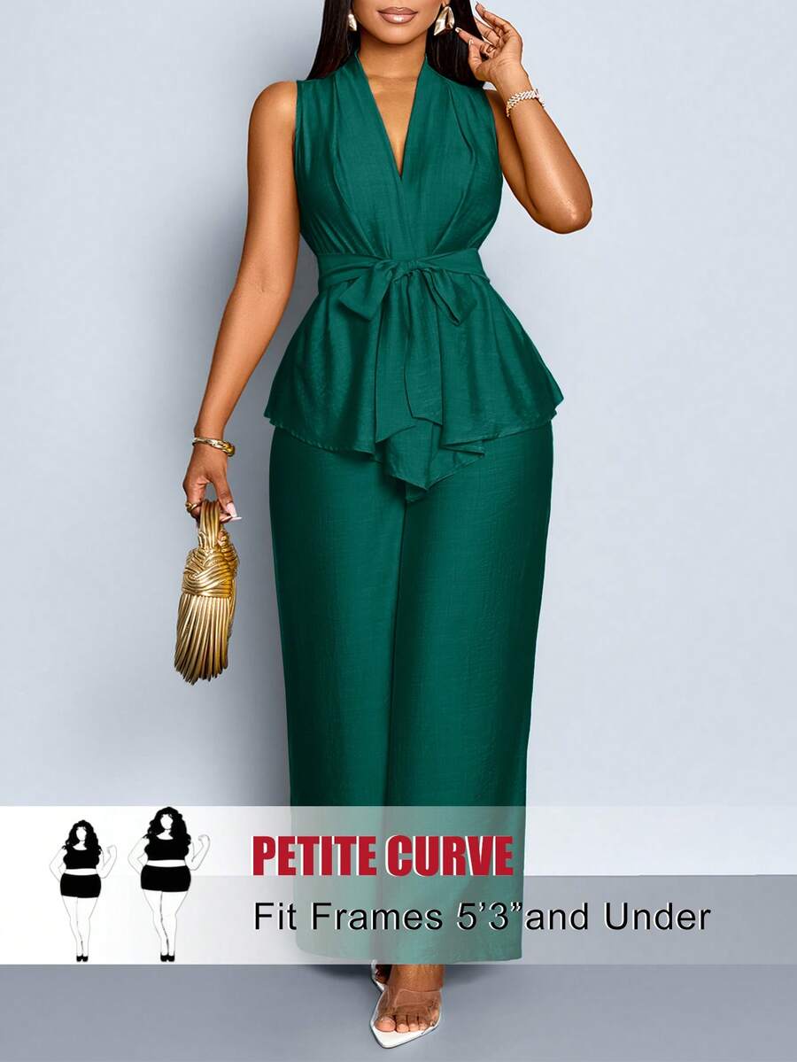 SHEIN PETITE CURVE 女士两件套纯色亚麻质感系带V领无袖上衣和阔腿裤套装 - 墨綠色 - 查看 1
