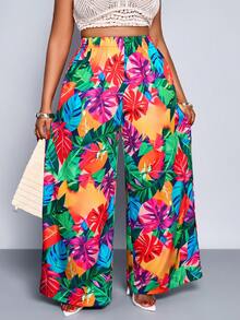 SHEIN PETITE CURVE Women's Tropical Print Loose A-Line Wide Leg Pants For Vacation - Multicolor - View 4