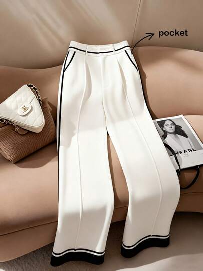 Franclia Women's Solid Color Casual Contrast Trim Black & White Contrast Color Pants, Suitable For Daily Wear, Minimalist, Summer, Commuting