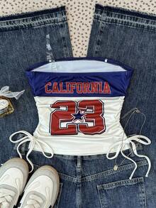 SHEIN Teen Girls' Letter Print Knit Camisole, Retro American Casual Everyday Versatile Streetwear, Suitable For Photoshoot With Friends - Apricot - View 4