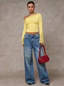 SHEIN BAE 女士黑色纯色蕾丝拼接不对称领口喇叭袖短款修身优雅T恤，适合约会、节日派对、时尚外出、夜间活动、夜店穿着。 - 黃色 - 查看 6