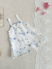 SHEIN Đầm lưới yếm họa tiết hoa lãng mạn dễ thương cho bé gái, thích hợp cho kỳ nghỉ, dã ngoại, mùa hè. - Màu xanh bạc hà - Xem 4