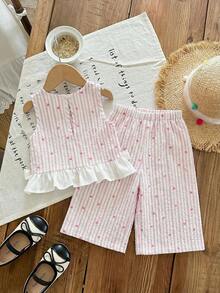 SHEIN LMoss Kids Babygirl Summer Cute Red & White Plaid Ruffle Sleeveless Top And Elastic Waist Loose Pants Set - Multicolor - View 2