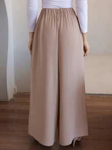 DAZY 女士休闲纹理弹力腰阔腿宽松长裤 - 卡其色 - 查看 2