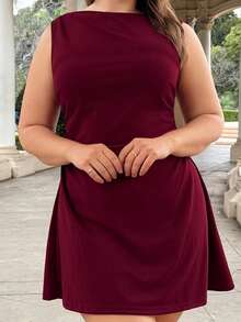 Nezia Cruz Plus Size Women's Red Ruched Mini Dress, Elegant Beach Vacation Dress - Burgundy - View 4