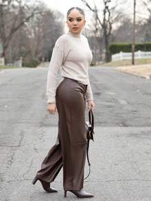 Melissa Matos Women's Leather Women Pants Plain Front-Button Minimalist Casual Pants, Daily Wear,Women Bottoms - Coffee Brown - View 8