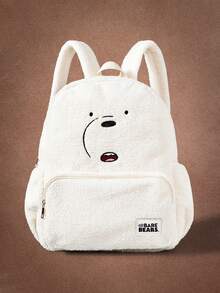 We Bare Bears X SHEIN Mochila de moda para damas, dulce y linda, con patrón de peluche bordado - Blanco - Ver 2