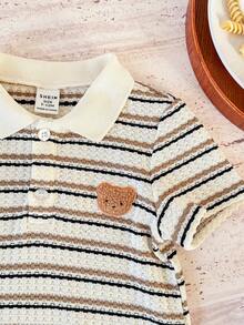 Baby Boy Comfortable Casual Versatile Textured Striped Short Sleeve Polo Romper, Suitable For Indoor, Outdoor, Daily Wear, Sports - Multicolor - View 5