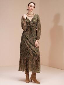 Arave 女士V领荷叶边系带设计优雅复古派对长袖连衣裙 - 彩色 - 查看 5