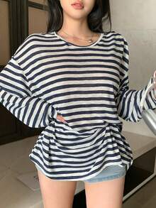 DAZY Túnica larga de manga larga con bloques de color a rayas, informal y holgada, para vacaciones y playa, para mujer, primavera/verano - Azul Marino - Ver 2