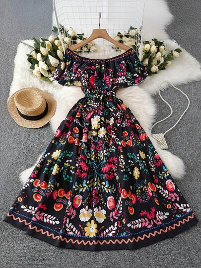 Breezaya فستان ماكسي كبير الحجم للنساء بطبعة زهور وأكتاف مكشوفة للعطلات