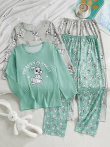 Tween Girls Pajamas-2 Piece Pajama Set Bunny Print Pajama Set Crew Neck Long Sleeve Long Pants TwoPiece Sleepwear Cute Bunny Pattern Mint Grey All Season Cozy Breathable Perfect Bedtime Lounging Holiday Gift 2026 New Year Must Have Kids Pajama Set Cute Pjs For Girls Girls Loungewear Sleep Wear Girls Teen Girls Lounge Wear Pajama Kids Girls - Pink - View 11