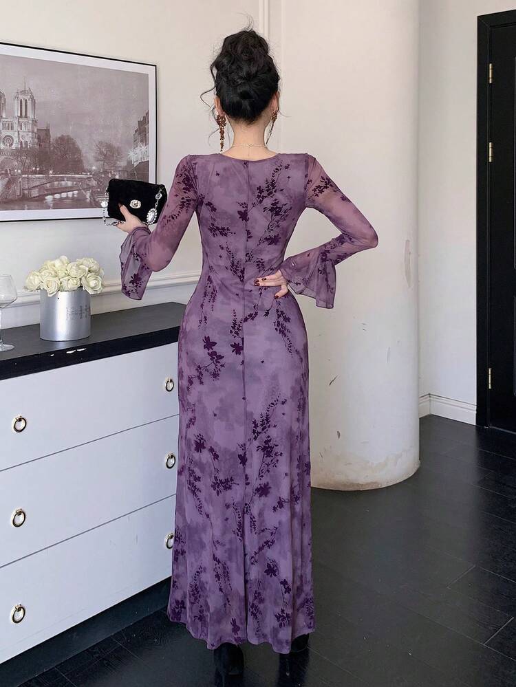 Sexy Elegant Mesh Printed Dress, Vintage Design Waist Cinching Long Dress For Women Sundress