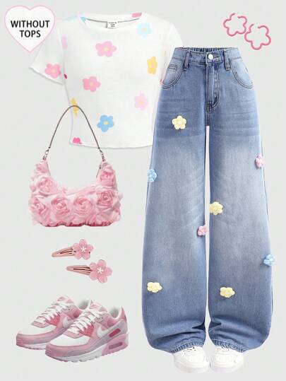 Girlism 少女时尚休闲 Y2K 复古酷炫街头返校学院风立体花朵设计宽松舒适低腰阔腿牛仔裤日常穿搭秋冬派对及街头服饰