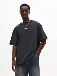 SUMWON Men's Essentials Stitch Crew Neck Short Sleeve Casual Tee With Small Chest Text Logo Regular Fit Top - Dark Grey - View 3