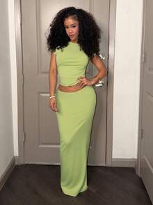 Slaydiva 新款春夏音乐节情人节复活节休闲简约基础款Y2K街头甜美畅销日常约会辣妹风性感运动风返校季圆领短袖天使英文印花露脐短款T恤+修身半身裙H型长裙心形印花薄荷绿套装女装两件套 -A - 薄荷綠 - 查看 14