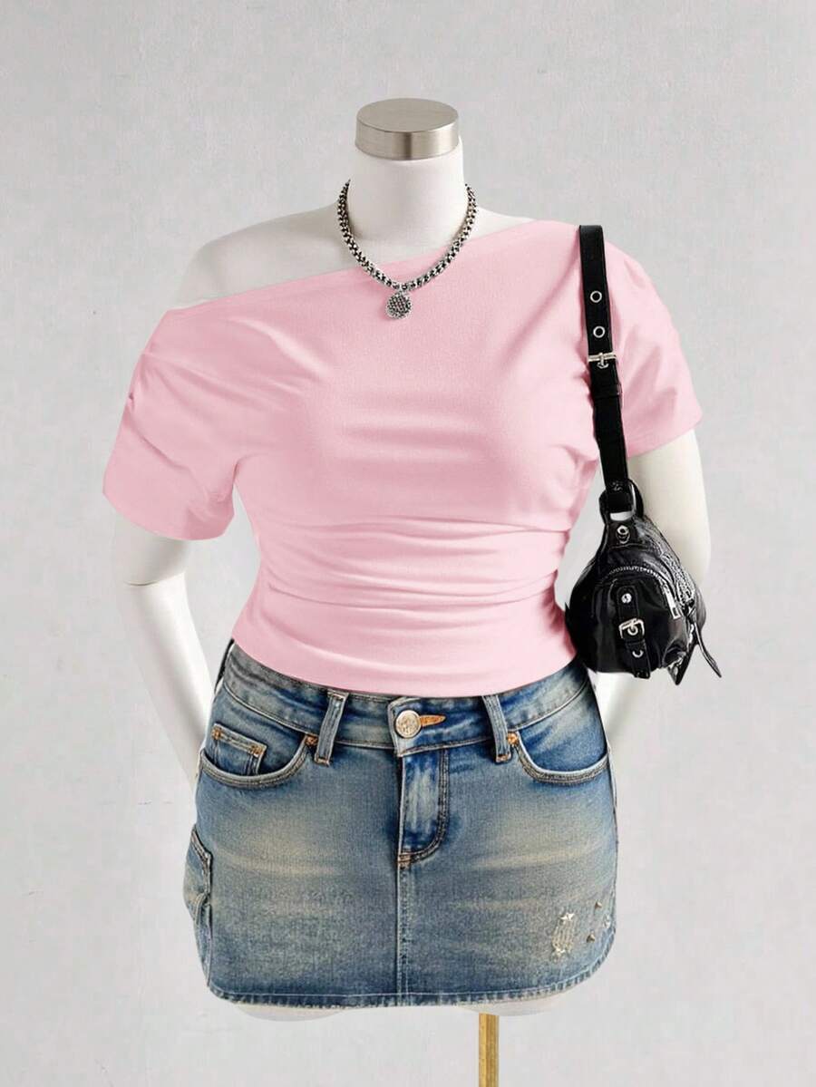SHEIN MOD 大码女式针织提花黑白条纹斜肩上衣，黑白条纹，罗纹，腰部褶皱，侧袖褶皱，休闲夏季T恤，女式夏季衬衫 - 粉色 - 查看 1
