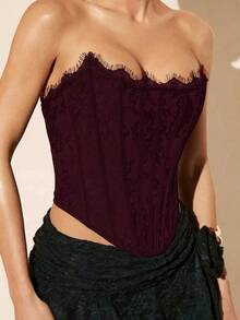 SHEIN BAE Summer Beach Vacation Solid Color Bra Top Lace Top, Suitable For Daily Dating, Night Out, Nightclubs, Parties, Get-Togethers, Cocktail Parties, Pool Parties, Back-To-School Season Clothing, School Season Clothing, Holiday Clothing, Office Clothing Commuting Clothing Corset Top - Maroon - View 1