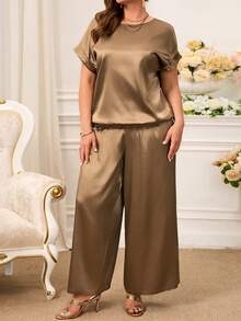 Miaspire Plus Size Women 2 Pieces Set: Satin Blouse + Trousers, Camel Color For Summer/ Vacation Plus Size Pants Set Brown Set Women Lounge Sets Plus Size Ladies Casual Sets, Summer Outfits - Camel - View 3