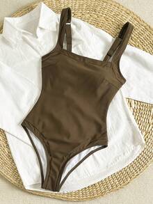 Swim Vcay 2026春夏女士可调节粗肩带纯色撞色拼接优雅修身连体泳衣 - 棕色 - 查看 4